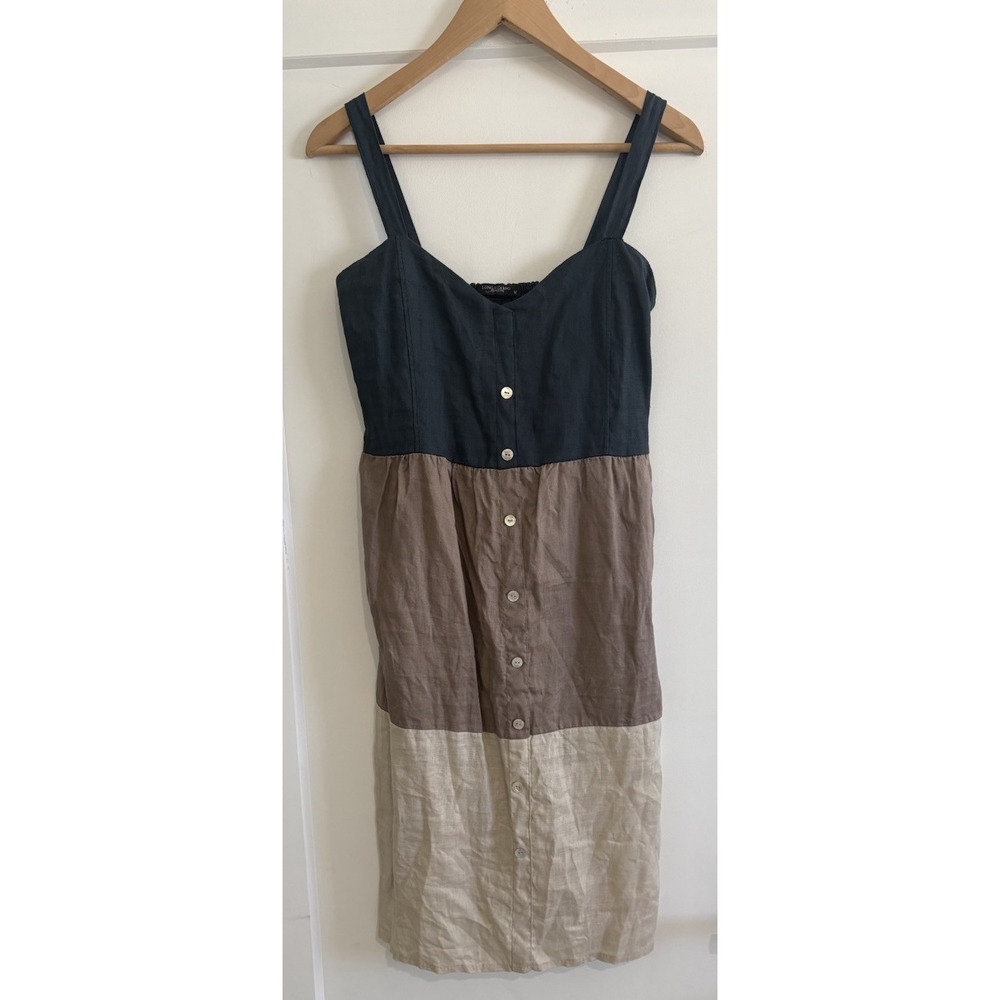 Lungo L'Arno Italy 100% Linen Colorblock Tiered Midi Dress Button Front Med EXC